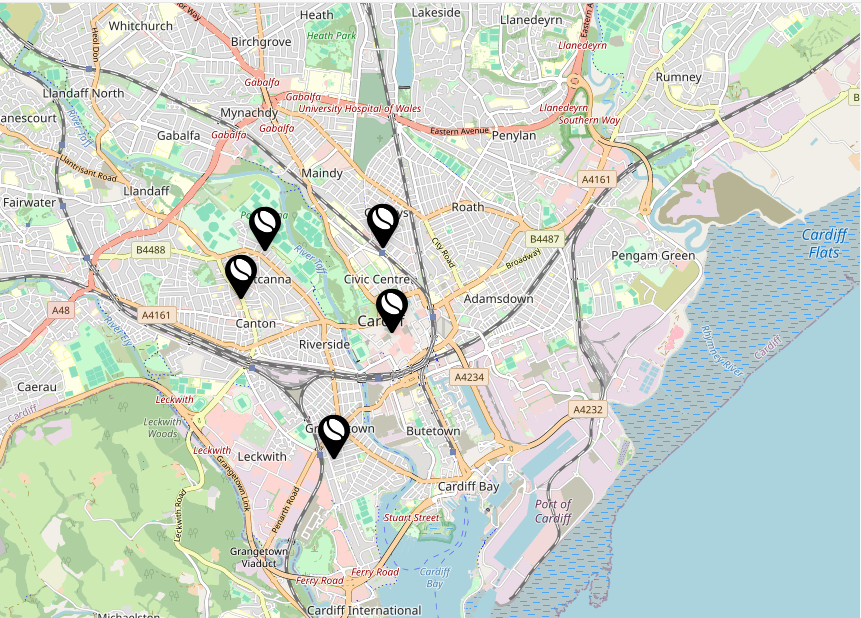 Map of Cardiff with supplier location pins